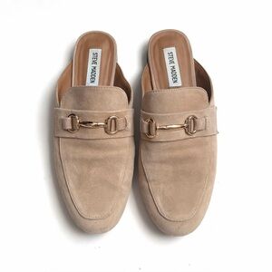 Steve Madden Beige Suede Backless Loafers with Gold Horsebit
